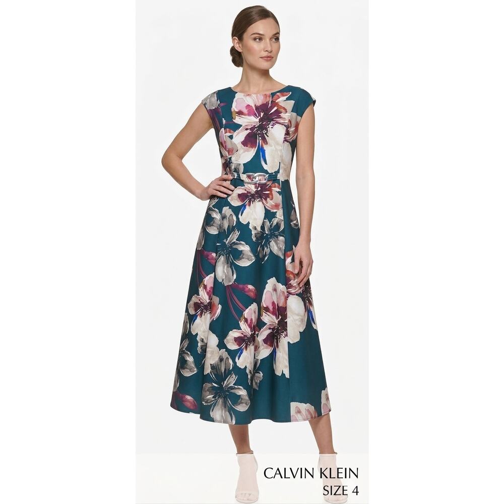 Calvin Klein Green Tropical Floral Scuba Midi Dress Belt A-Line Fit Flare Size 4
